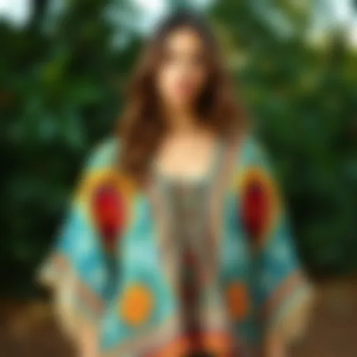 A vibrant poncho style blouse showcasing intricate patterns