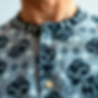 Close-up of the fabric texture of a print Henley shirt