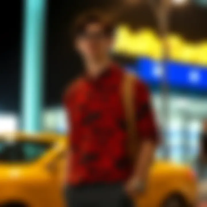 A fashionable outfit incorporating a print Henley shirt