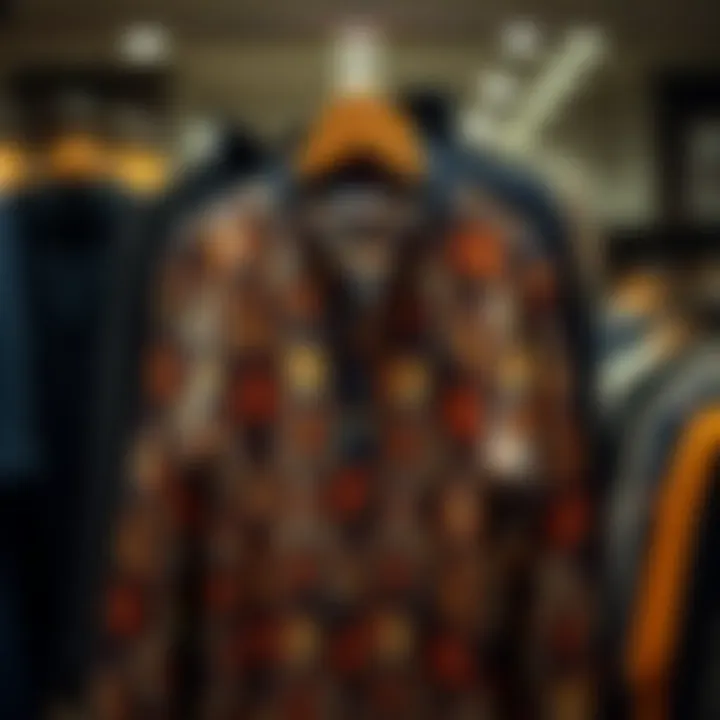 A stylish print Henley shirt displayed on a hanger