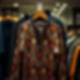 Chic Display of Print Henley Shirt A stylish print Henley shirt displayed on a hanger