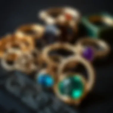 A variety of materials used in ring connector jewelry, from metals to gemstones.