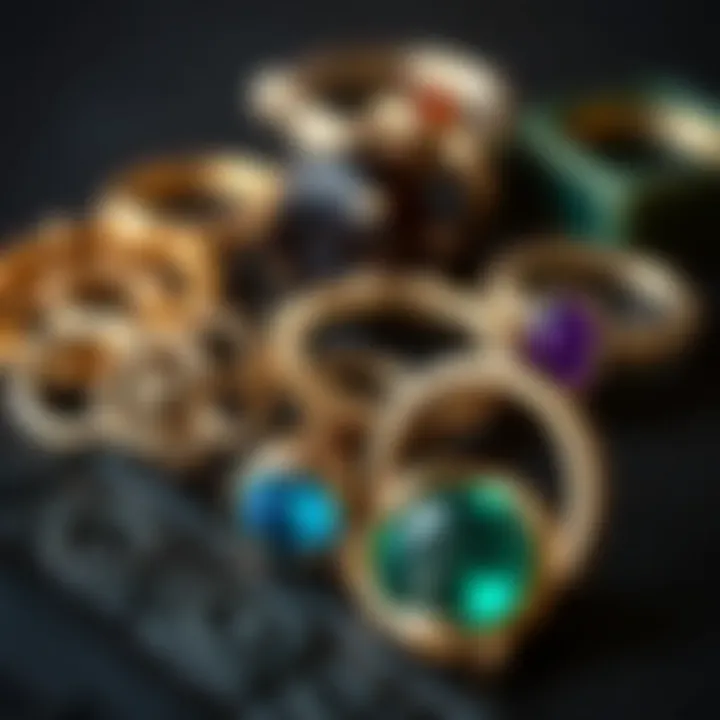 A variety of materials used in ring connector jewelry, from metals to gemstones.