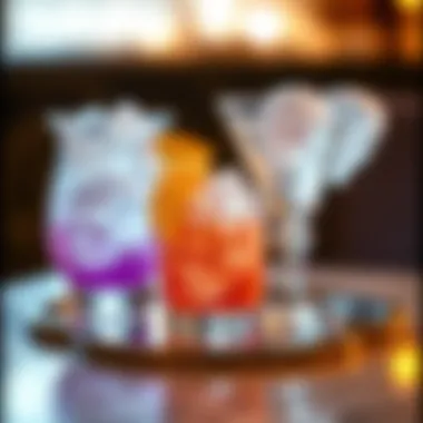 Elegant Beverage Presentation with Skull Ice Cubes An elegant setting featuring skull ice cubes in multiple beverages