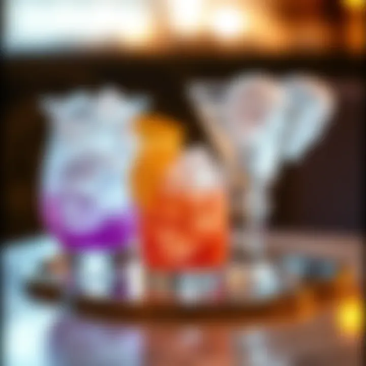 Elegant Beverage Presentation with Skull Ice Cubes An elegant setting featuring skull ice cubes in multiple beverages