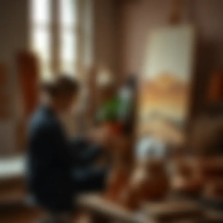 Creative Process in Terracotta Art An artist creating a terracotta canvas piece in a serene studio