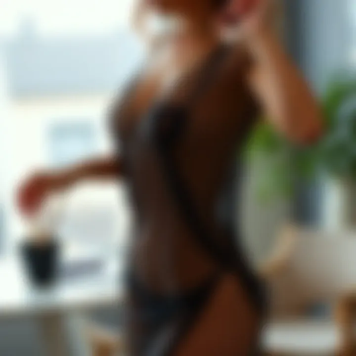 A stylishly draped fishnet lingerie dress displayed in a modern setting