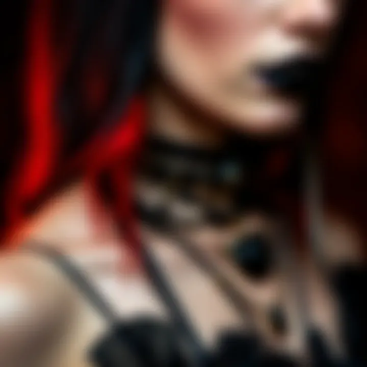 Stylish accessories complementing a gothic outfit, including chokers and dark jewelry