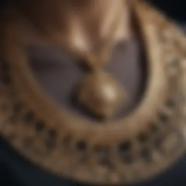 A close-up view of a necklace showcasing intricate designs and multilingual phrases.