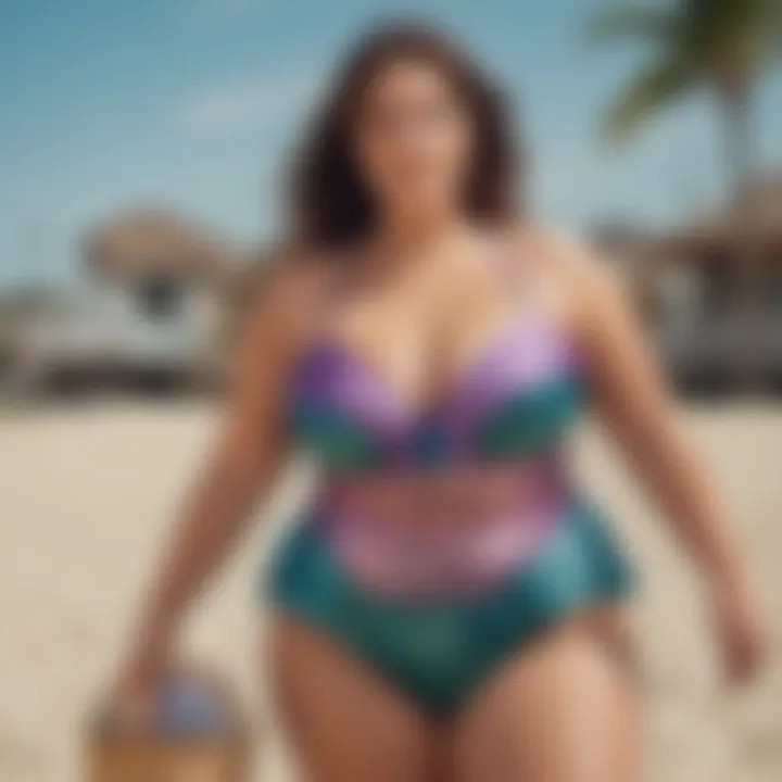 Accessorized plus size mermaid swimsuit with beach essentials