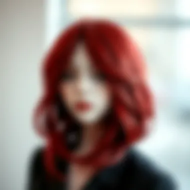 Close-up of a red glueless wig with intricate detailing