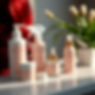 Red glueless wig care products displayed artfully