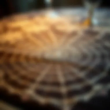 Close-up of intricate spiderweb print on tablecloth
