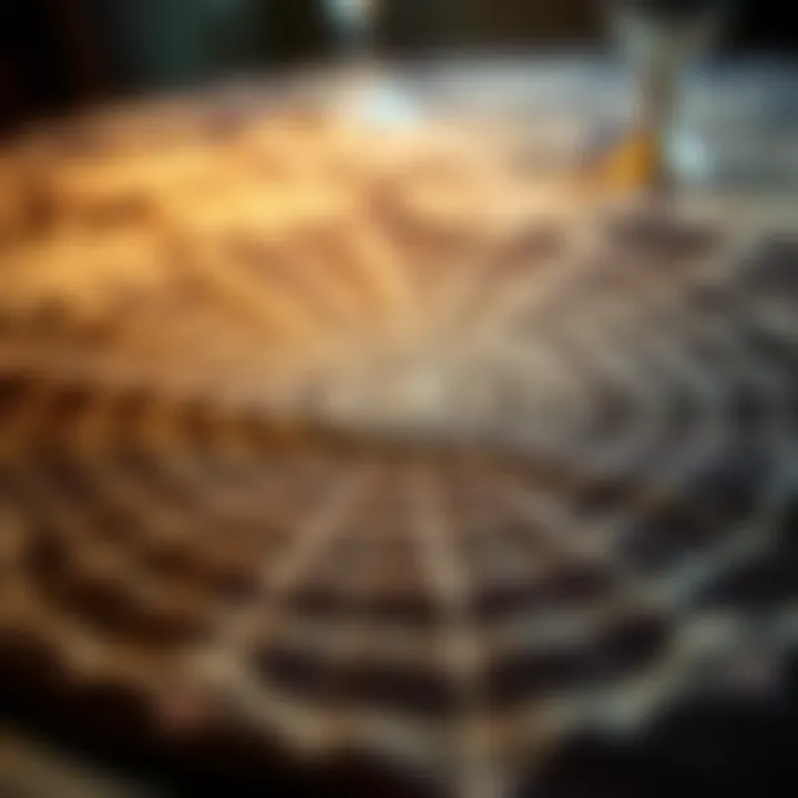 Close-up of intricate spiderweb print on tablecloth