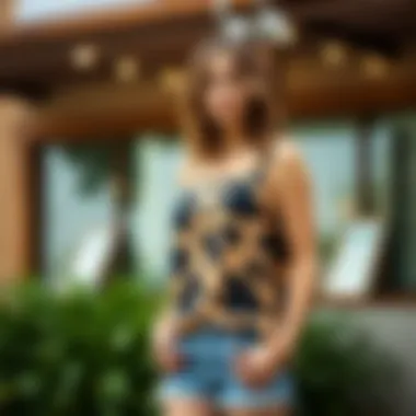 Stylish brown cow print tank top paired with denim shorts