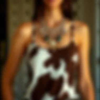 Brown cow print tank top accessorized with statement jewelry