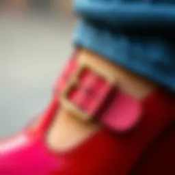 Close-up of a buckle detail on a wedge Mary Jane shoe, showcasing craftsmanship.