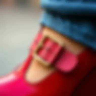 Buckle Detail Close-up Close-up of a buckle detail on a wedge Mary Jane shoe, showcasing craftsmanship.