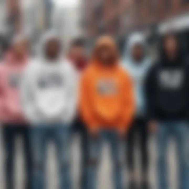 Group of diverse individuals wearing slogan graphic drop shoulder hoodies in an urban setting