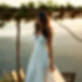 Elegant knee-length white summer dress on a scenic background