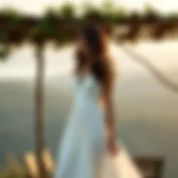Elegant knee-length white summer dress on a scenic background