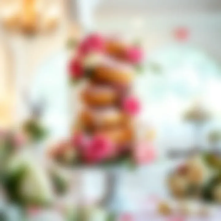 Elegant donut wedding cake stand adorned with floral decorations