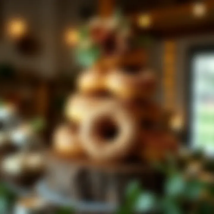 Rustic donut wedding cake stand featuring wooden elements