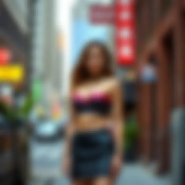 Model showcasing a halter bustier top paired with a chic skirt in an urban environment.