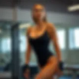 A fashionable one piece workout bodysuit displayed on a model in a fitness setting