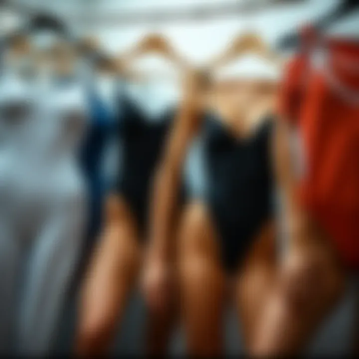 Various styles of one piece workout bodysuits arranged fashionably