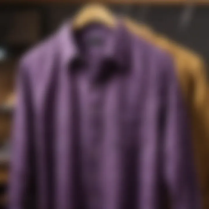 Elegant display of a purple checkered shirt on a wooden hanger