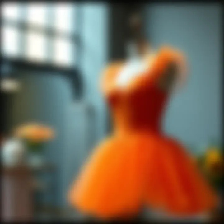 A vibrant orange tutu displayed on a mannequin, illustrating its elegant design.