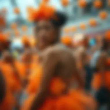 A festive event scene highlighting individuals wearing orange tutus, embracing cultural significance.