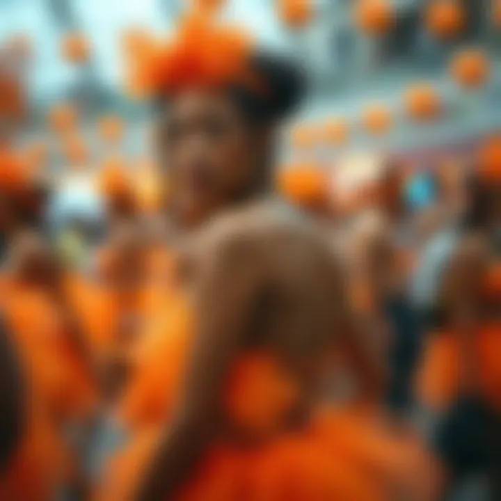A festive event scene highlighting individuals wearing orange tutus, embracing cultural significance.