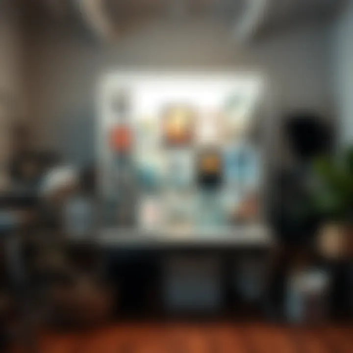 A creative workspace featuring a six-foot backdrop stand adorned with artwork