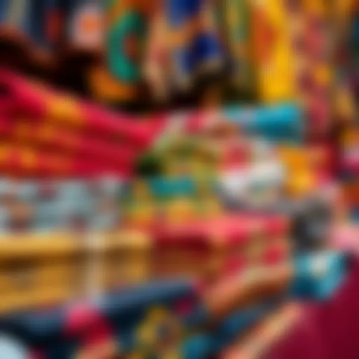 Colorful display of African scrub cloth folded and arranged