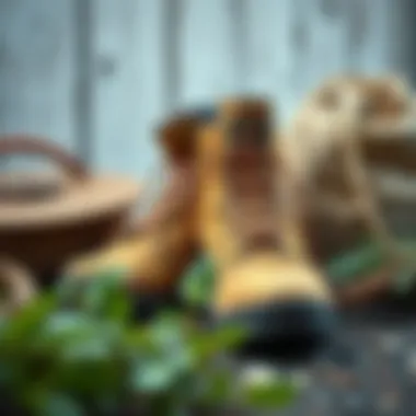 A pair of canvas hiking boots beside eco-friendly materials