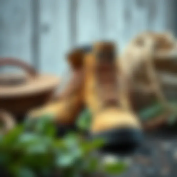 A pair of canvas hiking boots beside eco-friendly materials