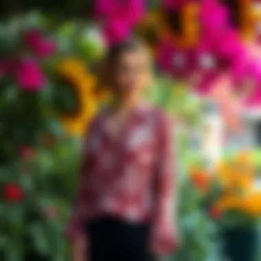 Elegant woman wearing a paisley print shirt in a vibrant garden setting