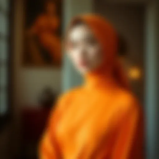 Elegant orange modest dress showcased in a fashion setting