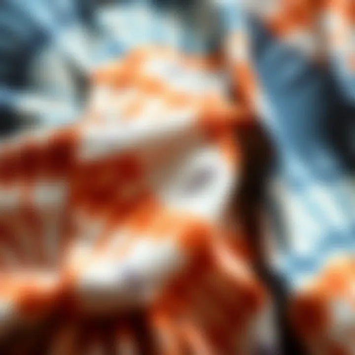 Close-up of the fabric texture of a tie-dye shirt dress showcasing intricate patterns