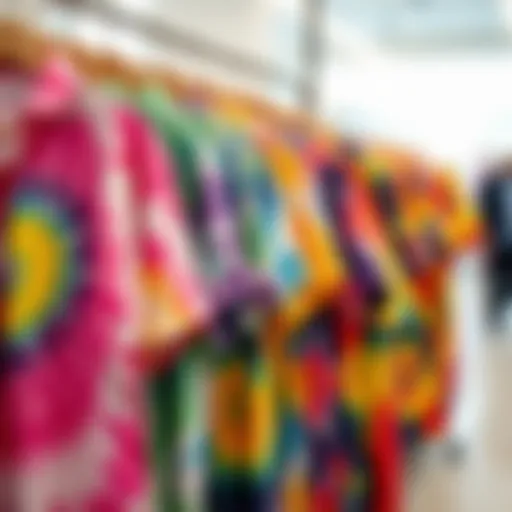 An array of vibrant tie-dye shirt dresses displayed on a clothing rack