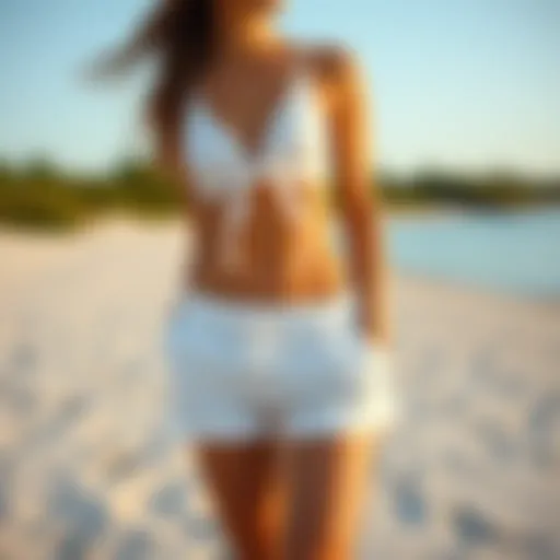 Stylish white swimsuit shorts on a sandy beach