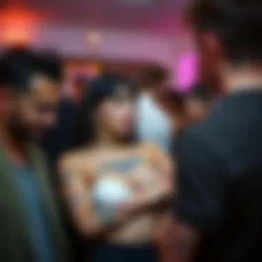 Playful Scene at Social Gathering A playful scene where individuals are showing off their funny fake tattoos at a social gathering.