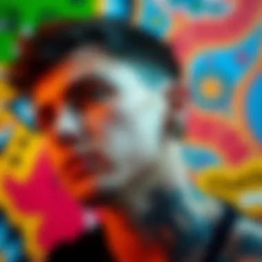 Unique Fake Tattoo Design A close-up view of a unique fake tattoo with a humorous twist, set against a colorful background.