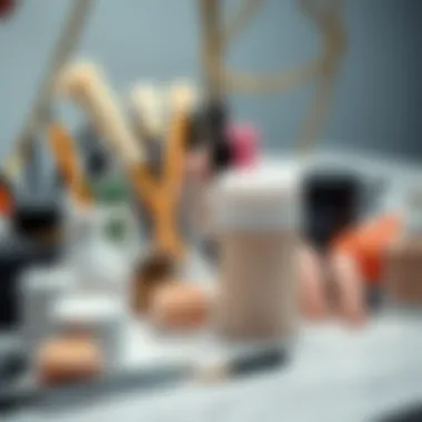 Elegant Nail Art Station with Nude Powders A stylish nail art setup featuring tools and nude acrylic powders