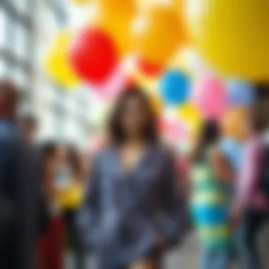 A festive setting with rainbow balloons at a themed fashion event
