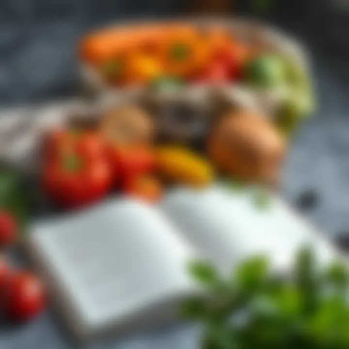 Fresh fruits and vegetables beside an open journal tracking nutrition