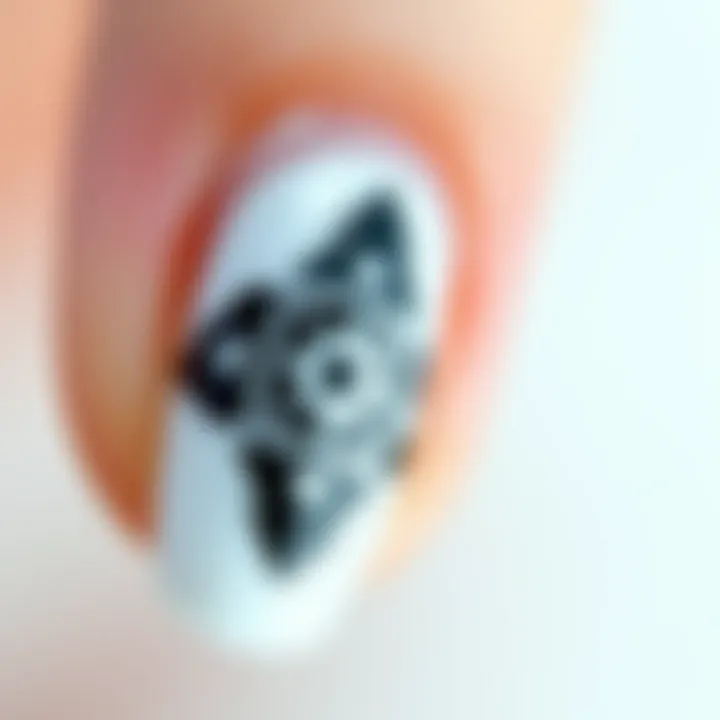 Geometric Nail Design Close-up of a nail design utilizing a stencil for a geometric pattern