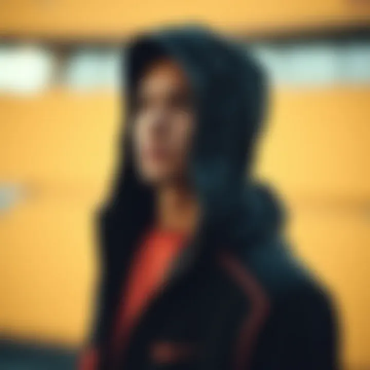 Close-up of functional features in a hooded athletic jacket